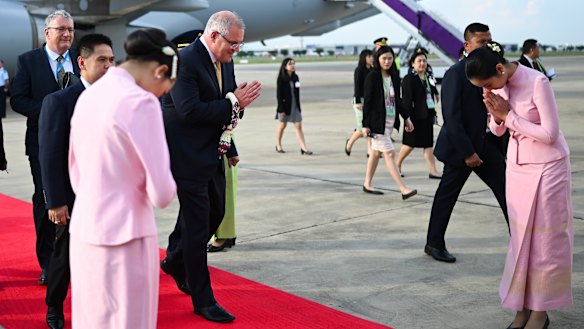 Prime Minister Scott Morrison is greeted upon his arrival in Bangkok. 