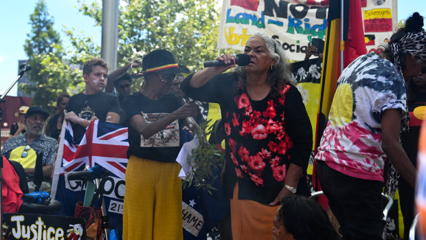 Noongar elder Mingli McGlade at the Invasion Day rally in Perth.