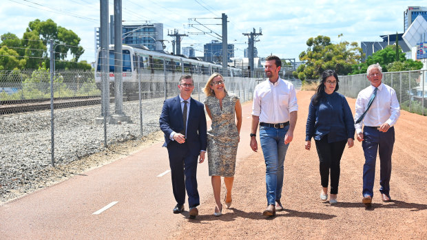 Tjorn Sibma, Libby Mettam, Opposition Leader Zak Kirkup, Liberal candidate for Perth Kylee Veskovich and Bill Marmion at City West Station.