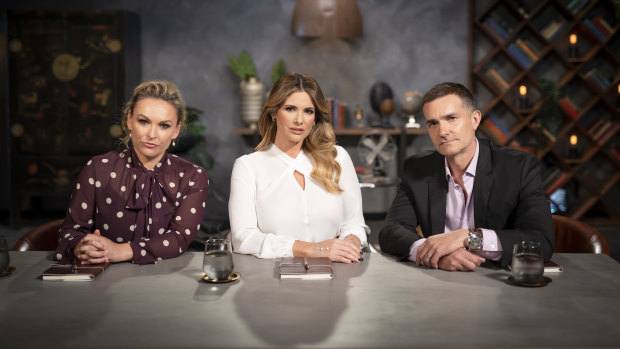 John Aiken, right, with the other Married At First Sight relationship experts Mel Schilling and Alessandra Rampolla.