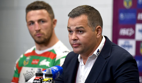 Fed up: Souths coach Anthony Seibold vents his frustrations at the post-match press conference.