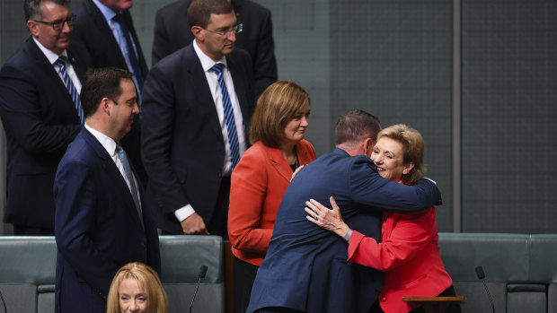 Former Liberal MP Jane Prentice is congratulated after her final speech in Parliament this year.