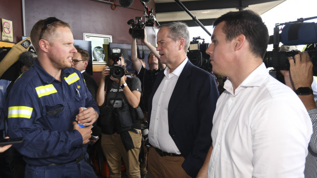 Labor leader Bill Shorten speaks to workers during a visit to Gladstone Ports on Tuesday. 