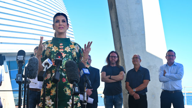 Actor Kate Walsh speaks at the Labor Party announcement for a $100 million pledge to build a film studio in Fremantle alongside composer Tim Minchin, director Ben Elton, and WA Premier Mark McGowan.