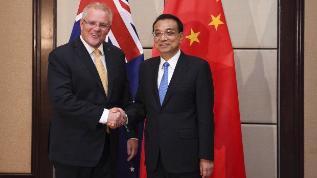 Australian Prime Minister Scott Morrison with the Premier of the People's Republic of China Li Keqiang during a bilateral meeting ahead of the ASEAN East Asia Summit in Bangkok.