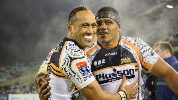 Grinners: The Brumbies, who beat the Reds on Saturday, will host the Sharks in the play-offs next week.