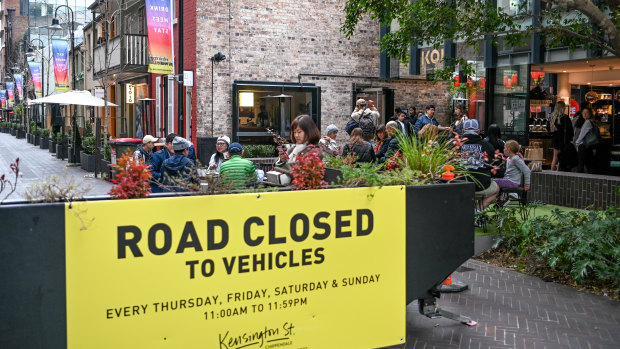 Kensington Street, Chippendale is closed to traffic from Thursday to Sunday to allow outdoor dining.