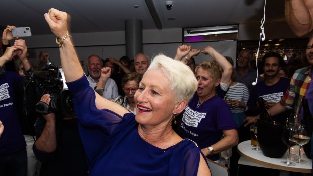 Kerryn Phelps celebrates her victory in Wentworth.