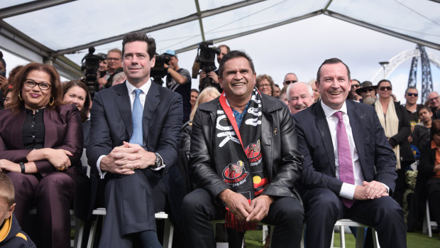 AFL Chief Executive Officer Gillon McLachlan, former St Kilda player Nicky Winmar and WA Premier Mark McGowan during the unveiling ceremony. 