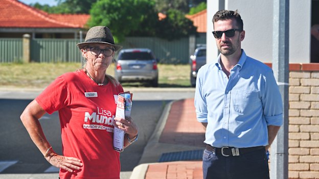 Labor’s Dawesville candidate Lisa Munday and Opposition Leader Zak Kirkup at a pre-polling station in Falcon on Tuesday.