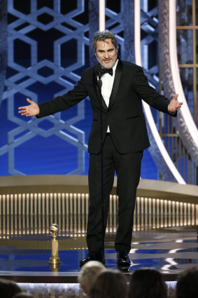 Joaquin Phoenix accepting the award for best actor in a motion picture drama for his role in Joker.
