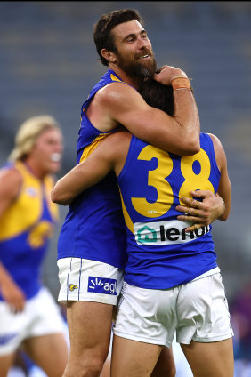 Josh Kennedy celebrates a goal with new Eagles teammate Patrick Naish during the pre-season.