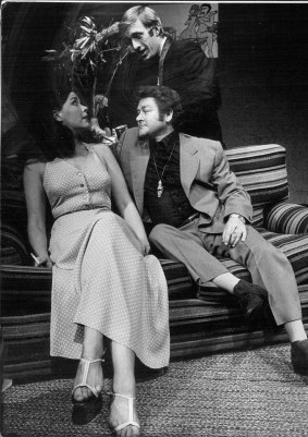 Kerry McGuire (Kerry), John Ewart (Cooley) and Nick Tate (Don) in the NIDA Jane Street production of David Williamson's "Don's Party" which opened at Sydney's Parade Theatre in 1972.
