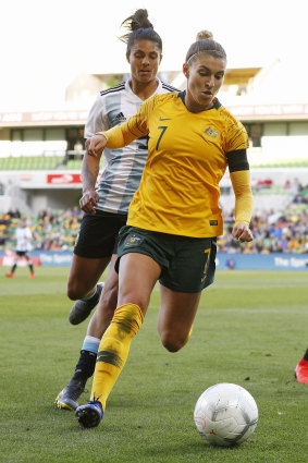 Hot pursuit: Steph Catley on the chase during the Cup of Nations football match against Argentina in Melbourne. 