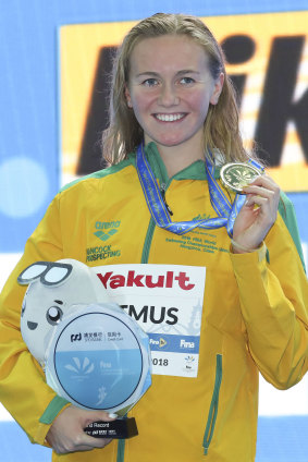 That's gold: Ariarne Titmus at the medal presentation.