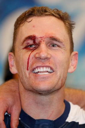 Captain Blood: Joel Selwood sings the song after victory over the Eagles.