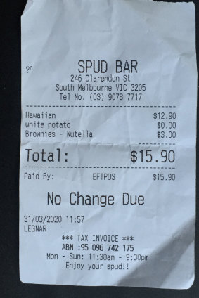 Receipt for lunch at the Spudbar.