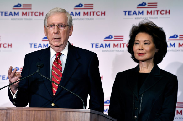 Transportation Secretary Elaine Chao, with her husband, Republican Senator Mitch McConnell, last November. She has just resigned from cabinet over the Capitol riots. 
