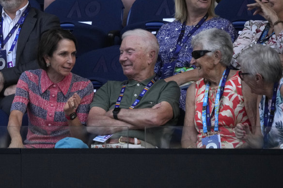 Jayne Hrdlicka, left, chairman of Tennis Australia, talks with fellow guests during the Rafael Nadal and Jack Draper match at the Australian Open on Monday.