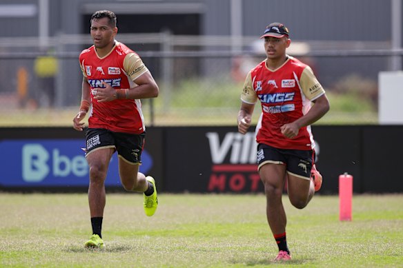 Daniel Saifiti and Brian Pouniu are seen at training at Kayo Stadium.