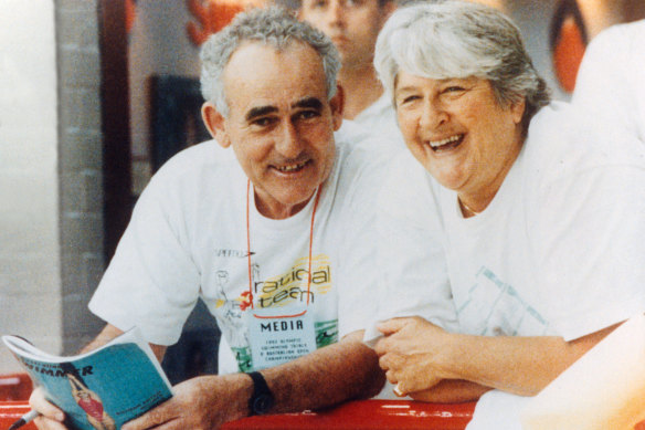 Ron Carter shares a laugh with Dawn Fraser at the 1992 national swimming trials in Canberra.