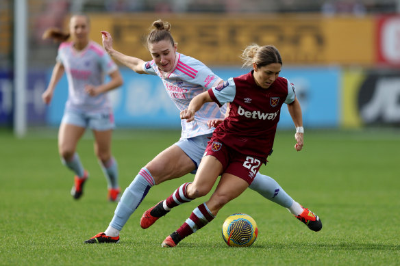 Katrina Gorry, pictured here eluding Arsenal’s Vivianne Miedema, is proving one of the WSL buys of the season.