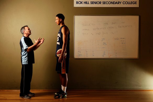 Australian basketballer Ben Simmons with Box Hill Senior Secondary College head coach Kevin Goorjian in 2014.