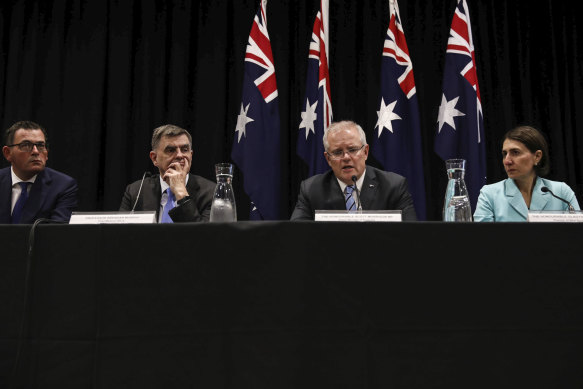 Victorian Premier Daniel Andrews, national Chief Medical Officer Brendan Murphy, Prime Minister Scott Morrison and NSW Premier Gladys Berejiklian at a COAG press conference.