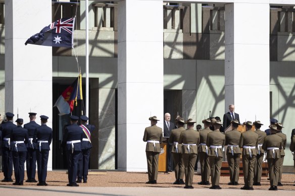 Prime Minister Anthony Albanese  during the proclamation ceremony for King Charles III, at Parliament House in Canberra.