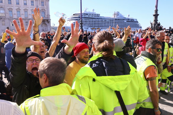 ‘Worrisome’: People demonstrate against a COVID vaccine “green pass” and other measures in Trieste, Italy, last month, which experts say created a hotbed of infections.