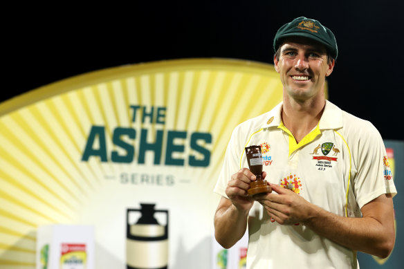 Australian captain Pat Cummins celebrates the Ashes series victory in Australia in 2022.