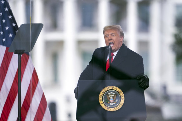 Then President Donald Trump speaks during a rally protesting the electoral college certification of Joe Biden as President in Washington on January 6, 2021. 