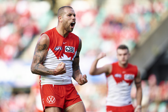 Lance Franklin celebrates kicking a goal against Adelaide.