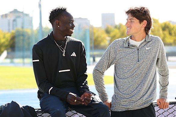 Gout Gout and Cameron Myers ahead of the 2026 Maurie Plant Meet.