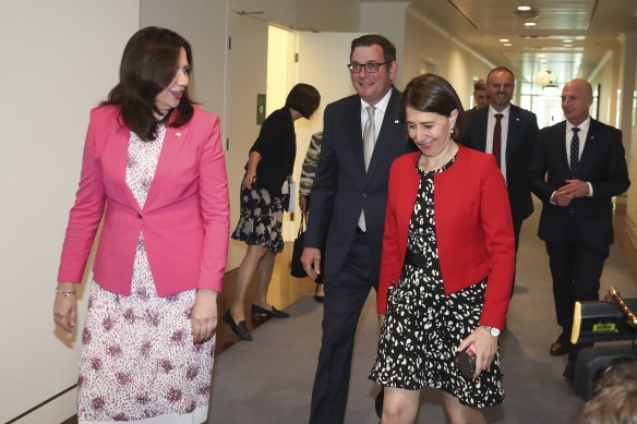 Annastacia Palaszczuk and  Gladys Berejiklian walked out of the December national cabinet meeting together in a show of unity. 