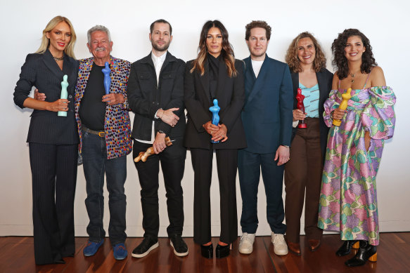 Australian Laureate award winners Rebecca Vallance, Ken Done, Robert Sebastian Grynkofki, Camilla Freeman-Topper, Marc Freeman, Laura Thompson and Lesleigh Jermanus attend the Australian Fashion Laureate 2022 at Museum of Contemporary Art on November 22.