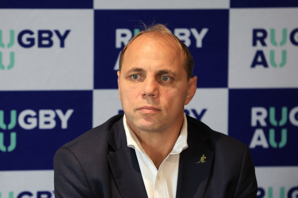 Rugby Australia chief executive Phil Waugh address the media on Thursday. 
