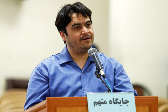 Journalist Ruhollah Zam speaks during his June 2020 trial at the Revolutionary Court, in Tehran