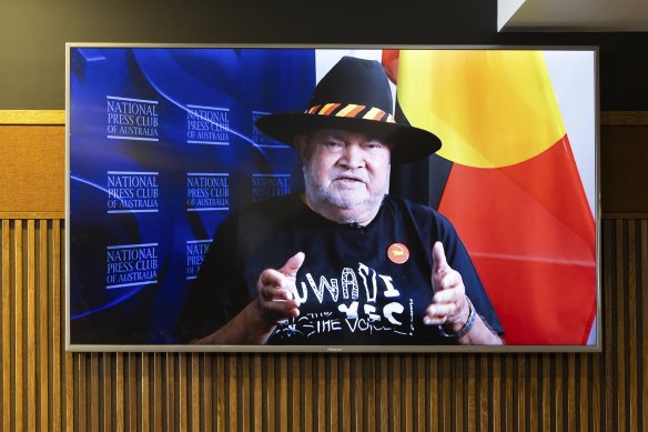 Dodson addresses the National Press Club via videolink from Broome in October.