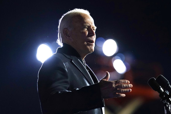Democratic presidential candidate former Joe Biden speaks at a rally at Belle Isle Casino in Detroit, Michigan.