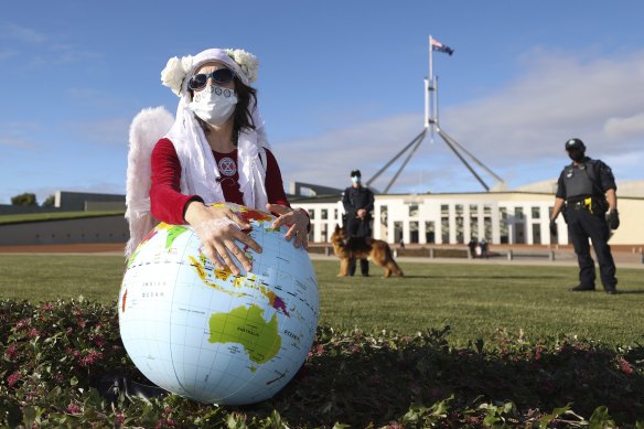 An Extinction Rebellion protester at Parliament House, Canberra.