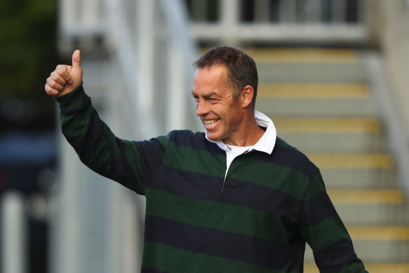 Alastair Clarkson in positive mood at Hawthorn training on Friday.