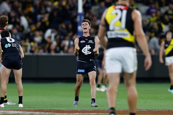 Jagga Smith celebrates after the siren as the Blues beat Richmond.