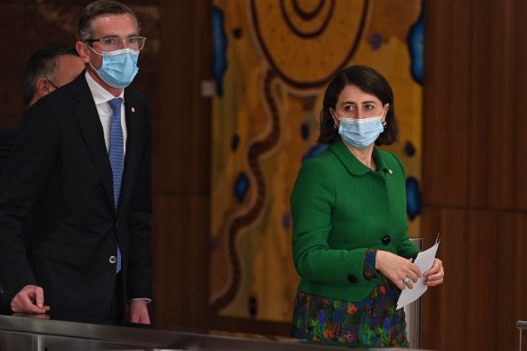 NSW Treasurer Dominic Perrottet and Premier Gladys Berejiklian arriving for Wednesday’s press conference.