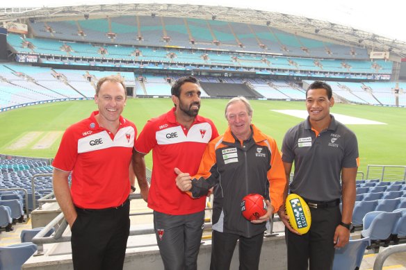 John Longmire, Adam Goodes, Kevin Sheedy and Israel Folau at ANZ Stadium in 2012.