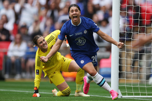Sam Kerr, playing for Chelsea, celebrates after getting past Manchester United (and England) keeper Mary Earps to score at Wembley Stadium three months ago.
