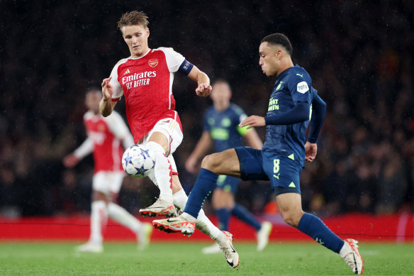 Martin Odegaard turned in a captain’s knock for Arsenal on their return to the Champions League.