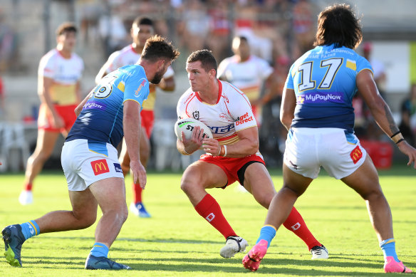 Tom Gilbert, pictured in the first trial against the Titans, left the field on Saturday in agony.