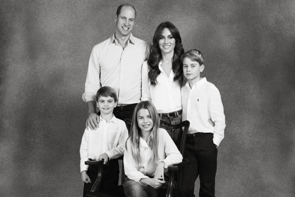 Prince William, Prince of Wales and Catherine, Princess of Wales pose with their three children Prince George, Princess Charlotte and Prince Louis.