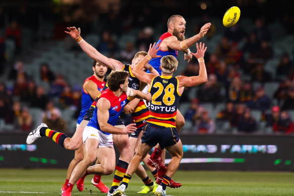 Max Gawn in the thick of it against Adelaide.